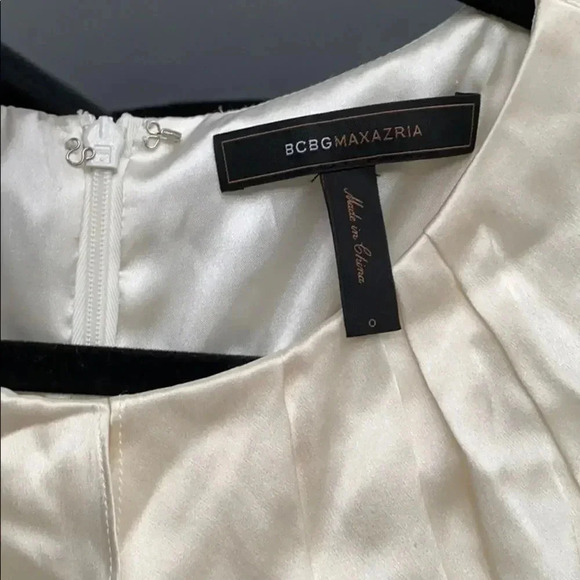 BCBG Maxazria Satin Silk Ivory Ruffle Bust Straight Shift Black Dress Size 0 - Picture 9 of 12